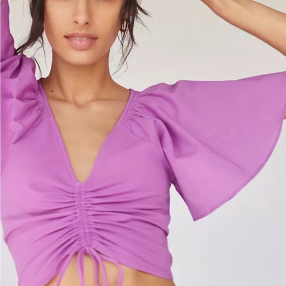 Maeve Tops - Maeve by Anthropologie Flutter Sleeve Crop Blouse in Purple Cotton Size XS